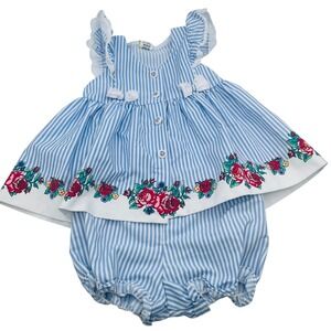 Vtg Baby Girl Blue Stripe Bows Rose Print Ruffle Dress & Bloomer Set 12 Mo